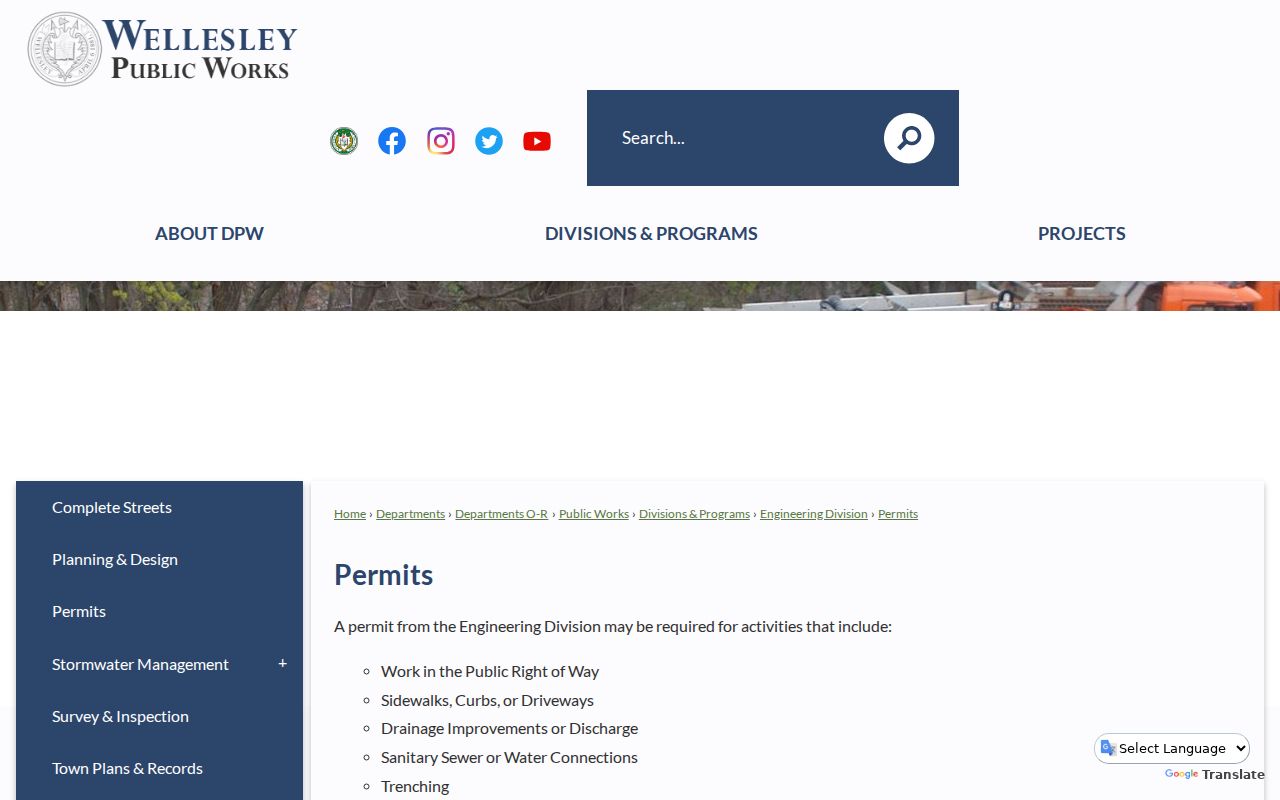 Wellesley street directory permits and Engineering access page